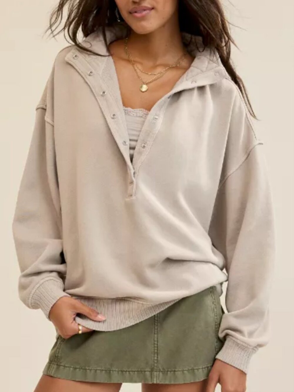 Aerie Oh Snap! Quilted Mockneck Oversize Sweatshirt in Taupe